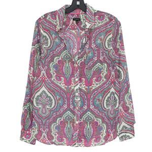 Talbots Top Sheer Lightweight Roll Tab Cottage Artsy Maximalist Button Up Medium